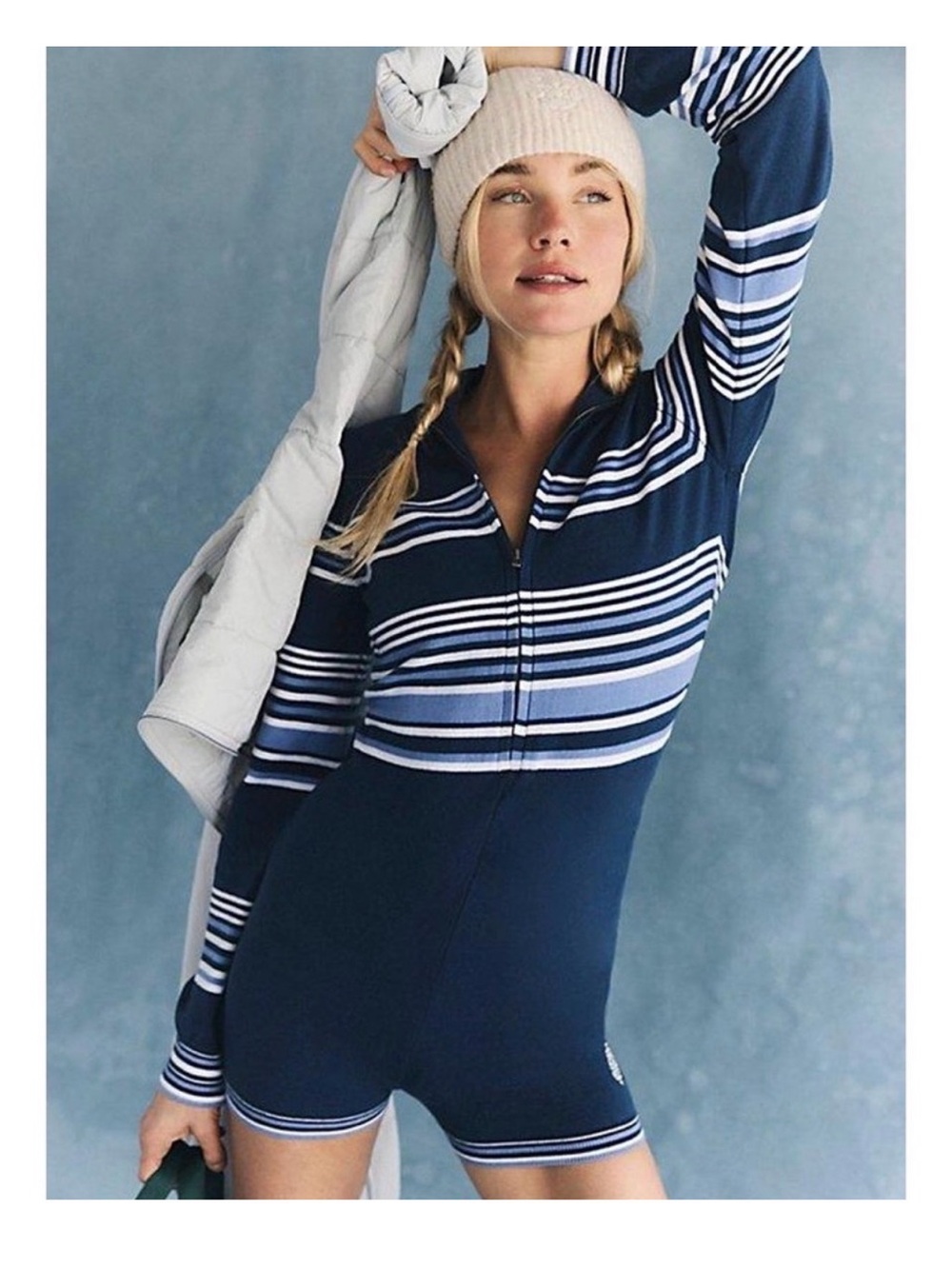 Free People Navy & Light Blue Striped Long-Sleeve Romper